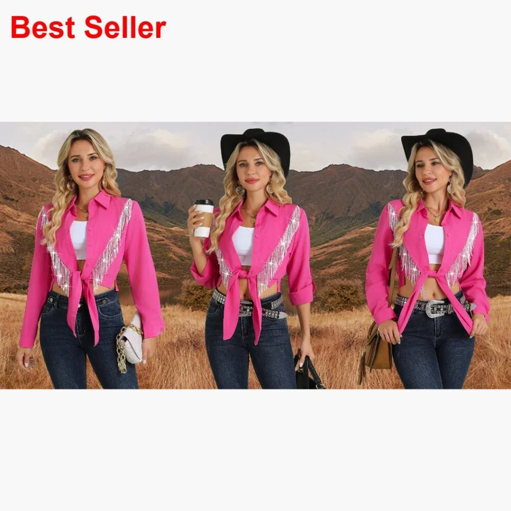 Sparkly Fringe Cropped Button Down Shirt with Rolled 3/4 Sleeves - Picture 6 of 7